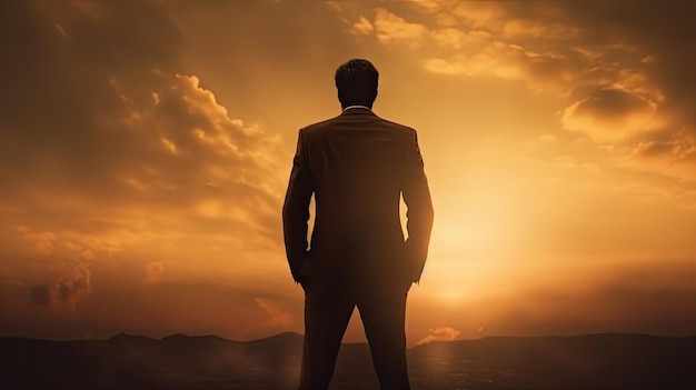 Businessman silhouette against sunset backdrop