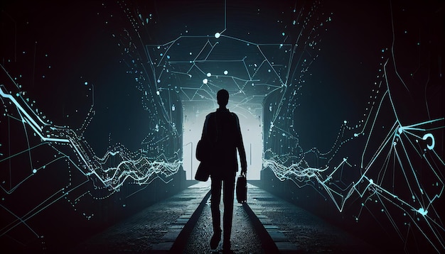 Businessman silhouette standing on the road with dot connect line circuit Business digital transformation concept Generative AI