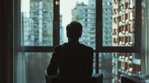 A businessman sits in front of a large window looking out at the cityscape deep in thought reflectin