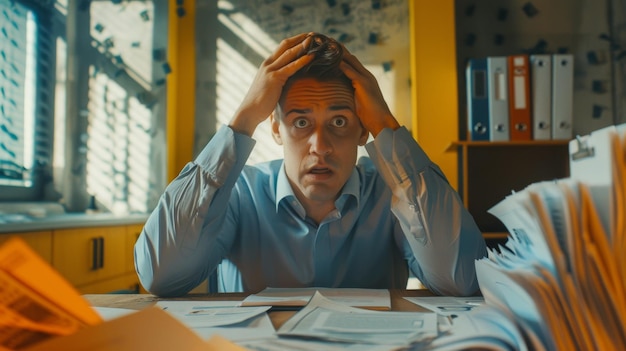 A businessman sits at his desk hands on his head overwhelmed by paperwork The image symboliz