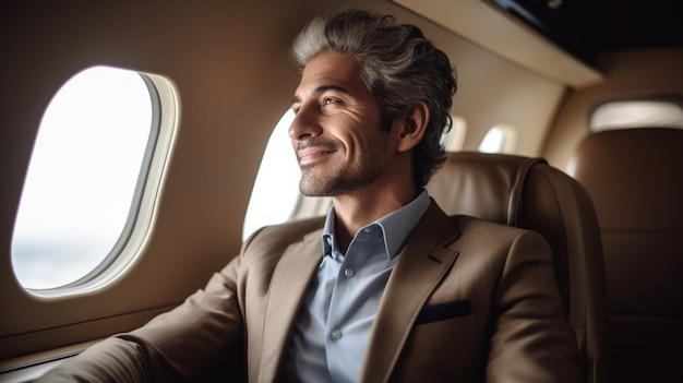 A businessman sits in a modern airplane ready to travel for business