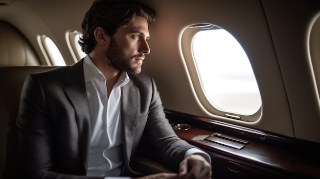 A businessman sits in a modern airplane ready to travel for business