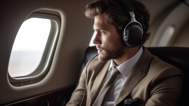 A businessman sits in a modern airplane ready to travel for business