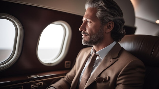 A businessman sits in a modern airplane ready to travel for business