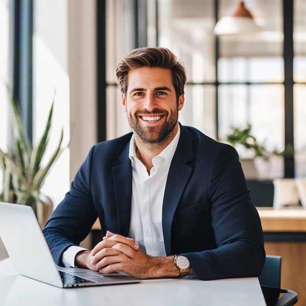 Photo businessman sits at a modern minimalist desk in a sleek professional office setting