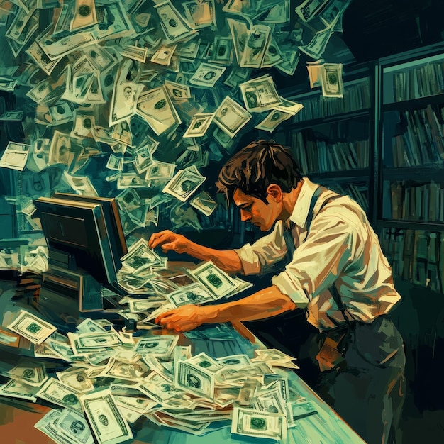 Businessman sitting at a desk in the office and counting money Business concept