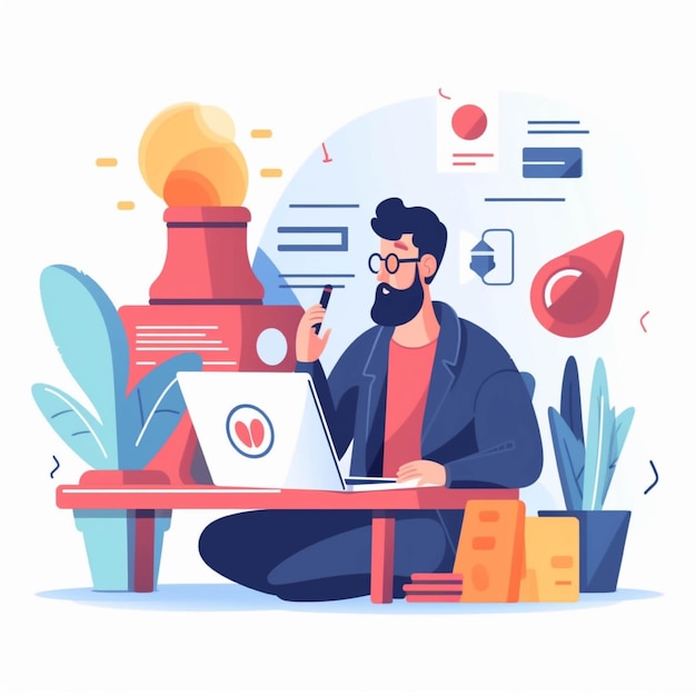 Businessman sitting at desk and working on laptop Vector illustration in flat style