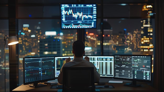 a businessman sitting in front of multiple monitors with stock market graphs and charts