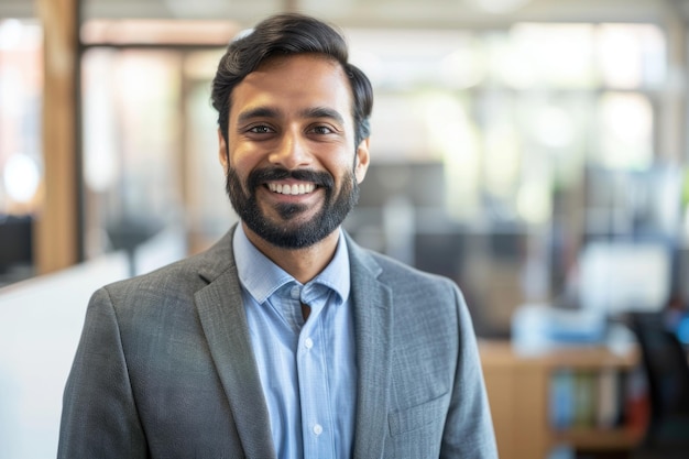 A businessman sitting at his desk with a friendly smile suitable for use in corporate or financial settings