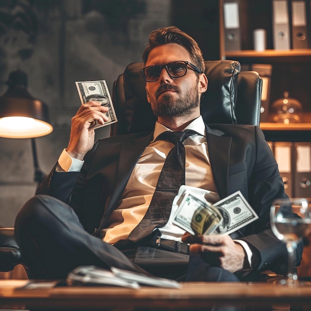 Businessman sitting holding money in his office