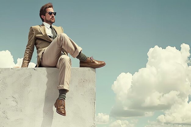 Businessman sitting on a ledge contemplating a cloudy sky representing introspection and corporate