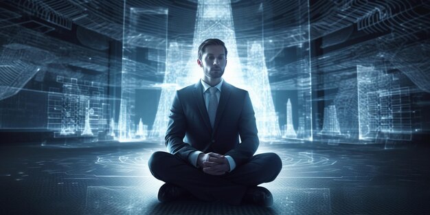 Businessman sitting in lotus position with business center