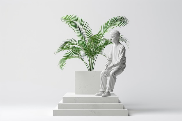 Businessman sitting on a white pedestal with a plant representing corporate solitude and contemplat