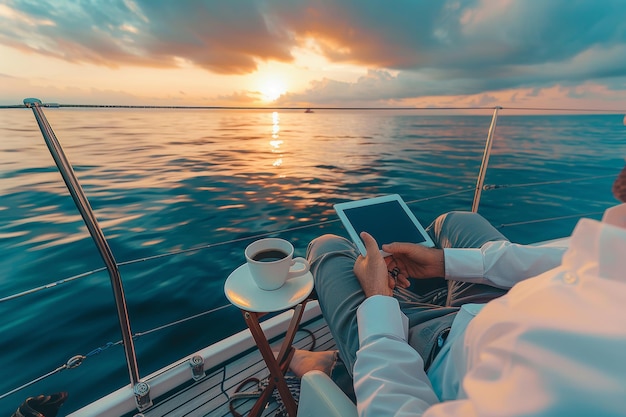 businessman sitting on yacht sipping morning coffee and reading news on tablet