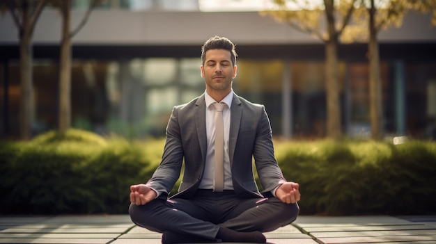 A businessman sitting in a yoga pose on the street in a modern city Created with Generative AI technology