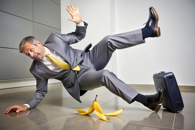 Photo businessman slipping on a banana peel