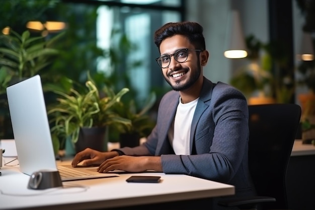 Businessman smile desk sitting men males technology modern computer white indian laptop using happy office