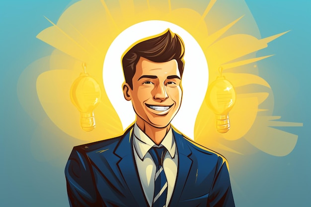 businessman smiling and bulb above the head creative idea Generated AI