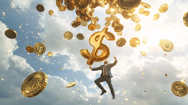 Businessman Soaring to Success on Giant Dollar Balloons Surrounded by Gold Coins and Sky