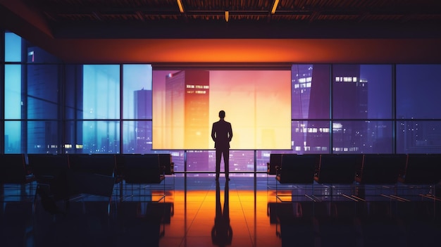 Businessman standing in conference room with empty screen for projector on wall Business presentation concept