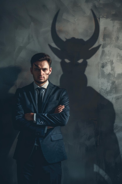 Businessman standing confidently in front of a bull shadow suitable for business concepts