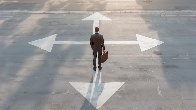 Photo businessman standing at crossroads with four directions