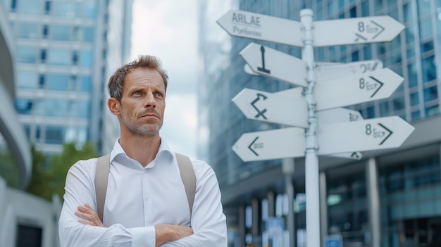 Photo businessman standing in front of cityscape signpost