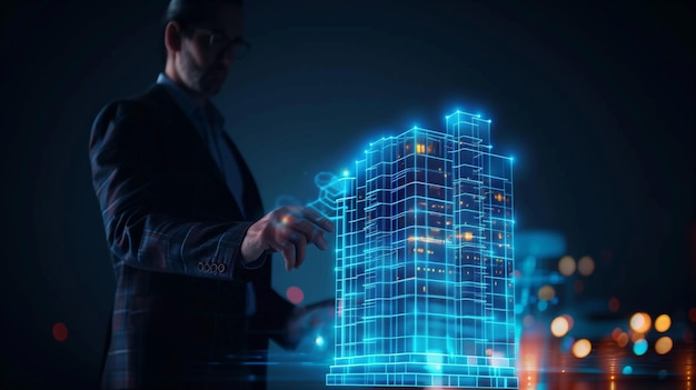 Businessman Standing in Front of Modern Blue Holographic Building