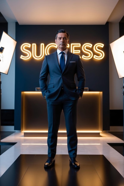 Businessman Standing In Front Of Success Sign In Modern Office