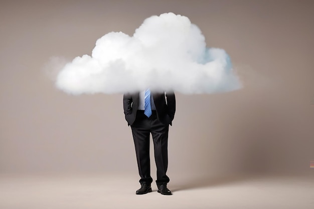 Businessman standing and hiding his head behind an empty cloud