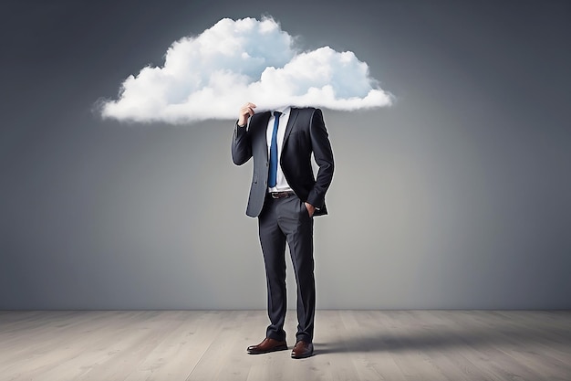 Businessman standing and hiding his head behind an empty cloud