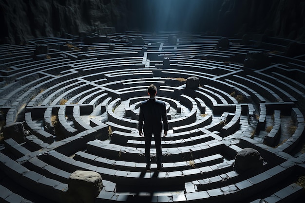 Businessman standing in the labyrinth entrance looking for solution