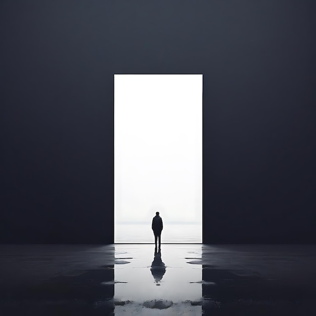 businessman standing in the middle of a big door to another business centre