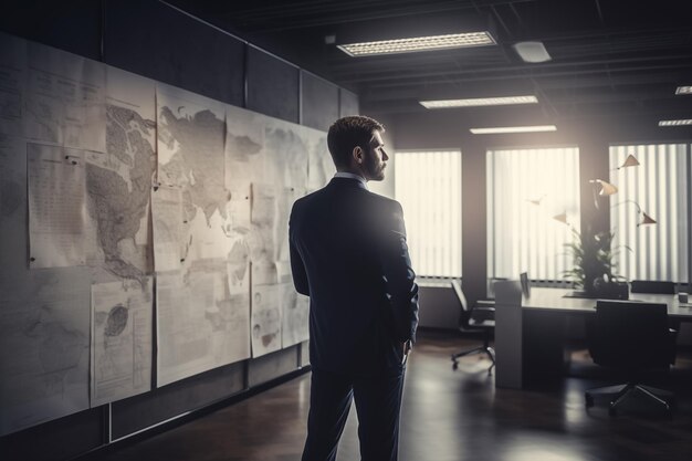 Businessman Standing in Modern Office Looking at World Map