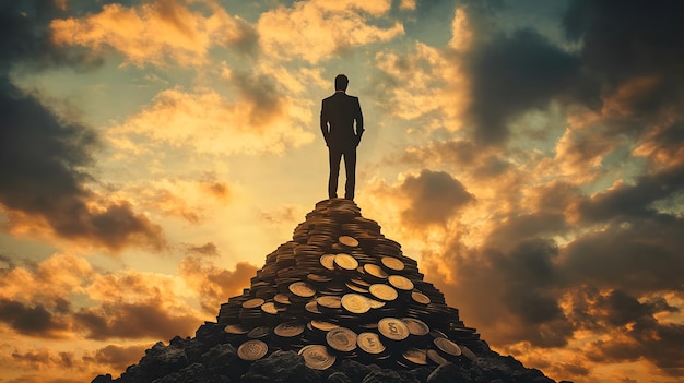 Businessman Standing on a Mountain of Gold Coins at Sunset