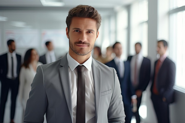 Businessman standing in office with colleagues in the background