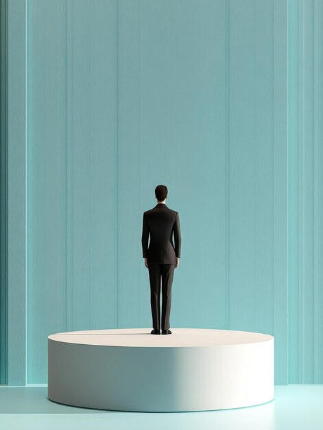 Businessman Standing on a Podium Facing a Blue Wall A businessman stands alone on a podium h