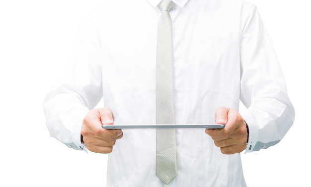 Businessman standing posture hand holding blank tablet