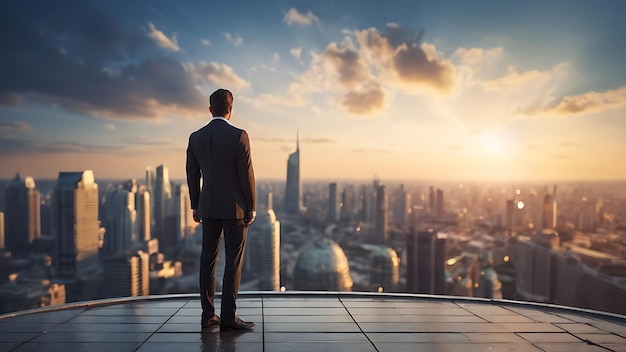 Businessman standing on a roof and looking at future city