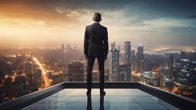 Businessman standing on a roof and looking at future city