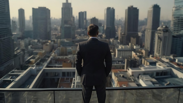 Businessman standing on a roof and looking at future city