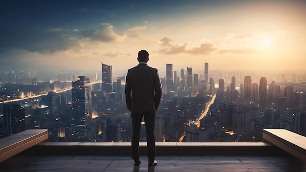 Businessman standing on a roof and looking at future city