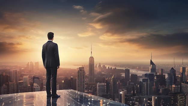 Businessman standing on a roof and looking at future city