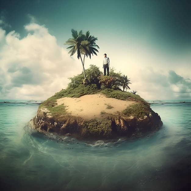 Businessman standing on a small island in the ocean with palm trees