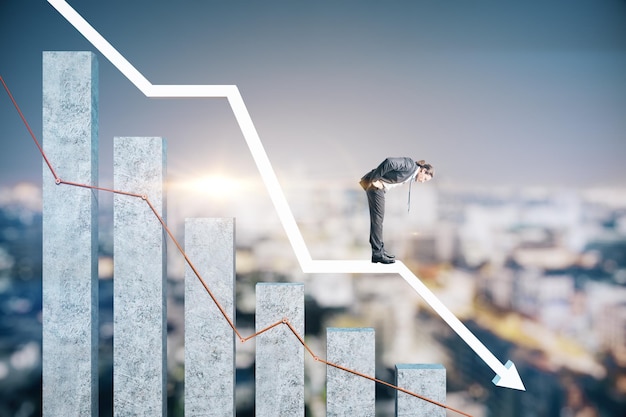 Businessman standing on stock crash recession chart