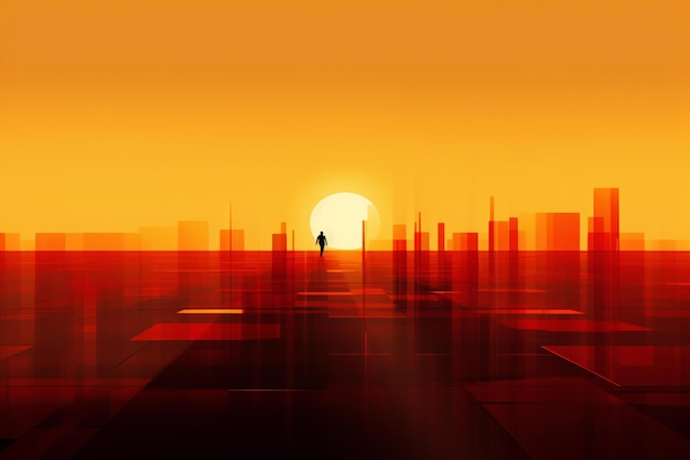 Businessman standing on top of the city and looking at the sun