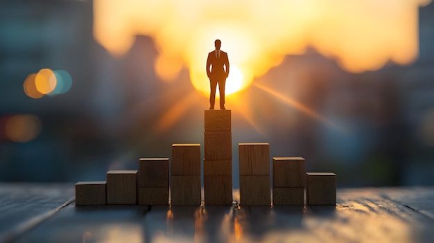 Businessman standing on top of wooden blocks with sunset in the background