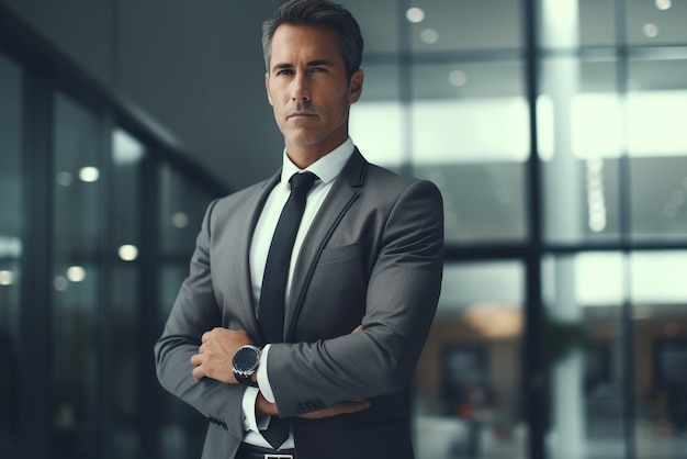 Businessman standing with arms crossed in office