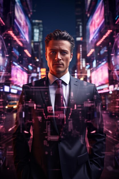 Businessman standing with futuristic cityscape By generative Ai