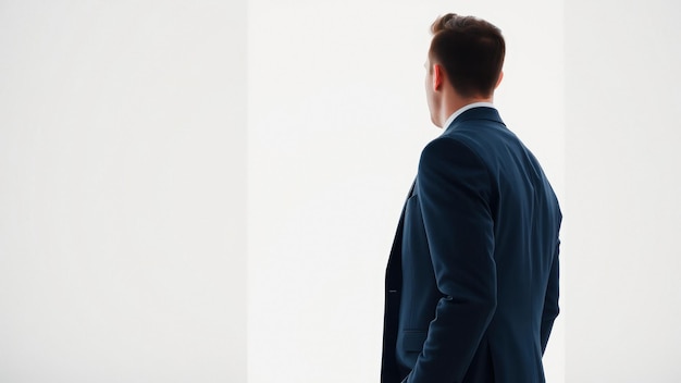 Businessman standing with his back turned looking out of a window